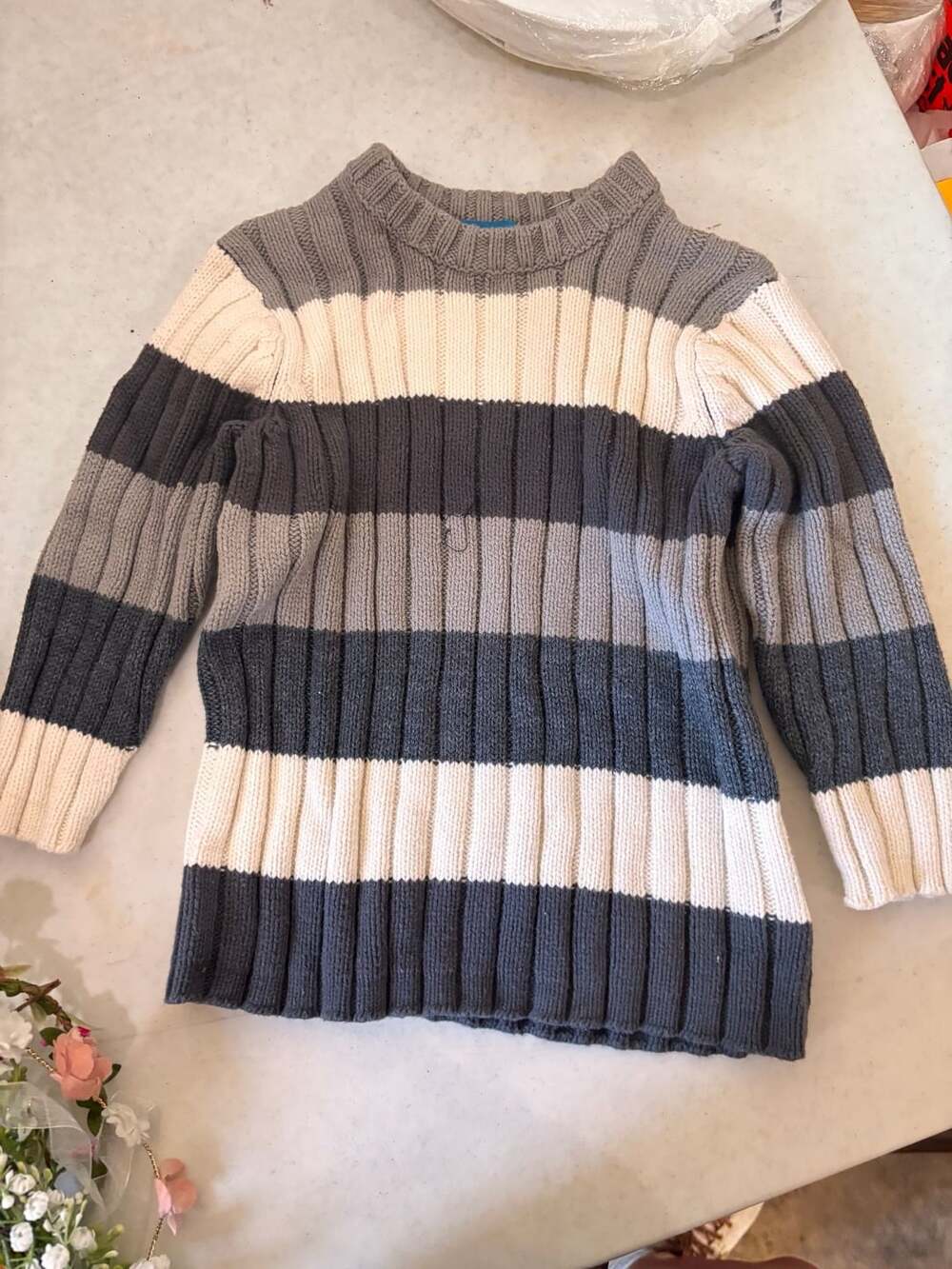 The Children's Place Boys Size 3T Grey White Striped Ribbed Knit Sweater
